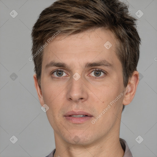 Neutral white adult male with short  brown hair and brown eyes