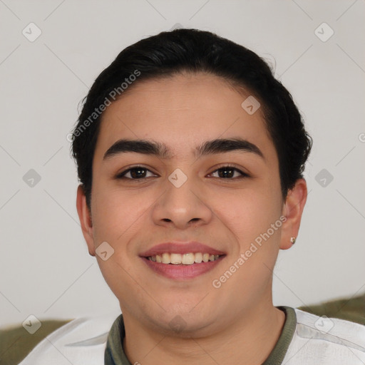 Joyful asian young-adult male with short  black hair and brown eyes