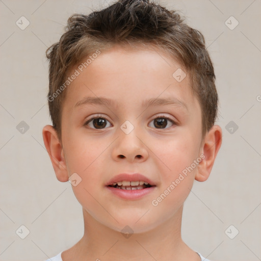 Joyful white child male with short  brown hair and brown eyes