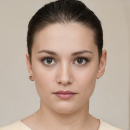 Neutral white young-adult female with short  brown hair and brown eyes