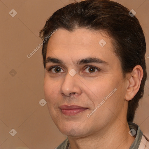 Joyful white young-adult male with medium  brown hair and brown eyes