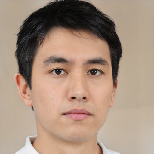 Neutral asian young-adult male with short  black hair and brown eyes
