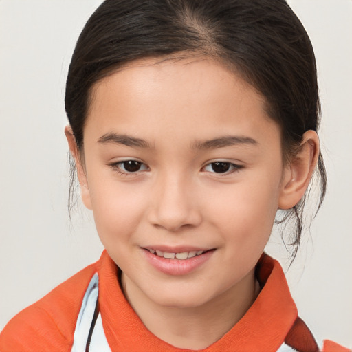 Joyful white child female with medium  brown hair and brown eyes