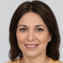 Joyful white adult female with medium  brown hair and brown eyes