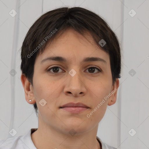 Neutral white young-adult female with short  brown hair and brown eyes