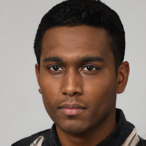 Neutral black young-adult male with short  black hair and brown eyes