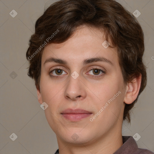 Joyful white young-adult female with medium  brown hair and green eyes