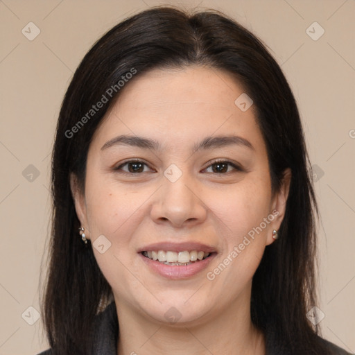 Joyful white young-adult female with medium  brown hair and brown eyes