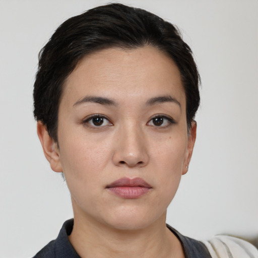 Neutral white young-adult female with short  black hair and brown eyes