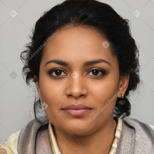 Joyful latino young-adult female with medium  black hair and brown eyes