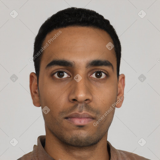 Neutral latino young-adult male with short  black hair and brown eyes