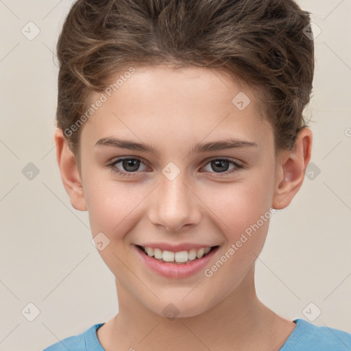 Joyful white child female with short  brown hair and brown eyes