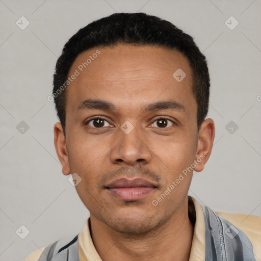 Neutral latino young-adult male with short  black hair and brown eyes