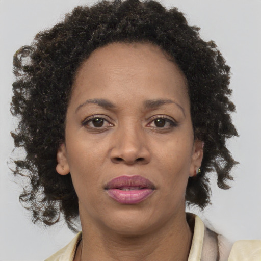Joyful black adult female with medium  brown hair and brown eyes