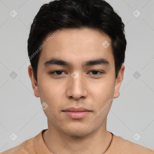 Neutral white young-adult male with short  black hair and brown eyes