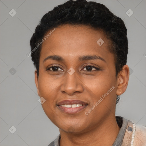 Joyful latino young-adult female with short  black hair and brown eyes