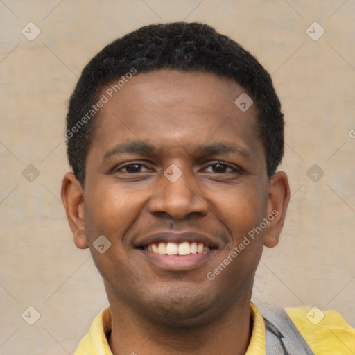 Joyful latino young-adult male with short  brown hair and brown eyes