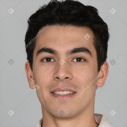 Joyful white young-adult male with short  black hair and brown eyes