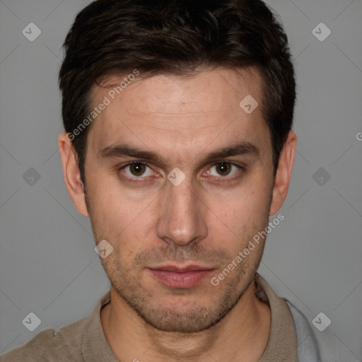 Neutral white young-adult male with short  brown hair and brown eyes