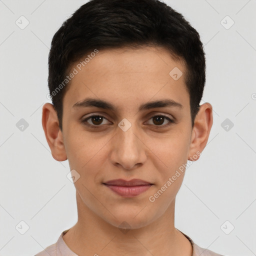 Joyful latino young-adult female with short  brown hair and brown eyes