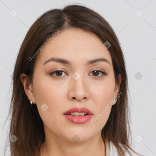 Neutral white young-adult female with long  brown hair and brown eyes