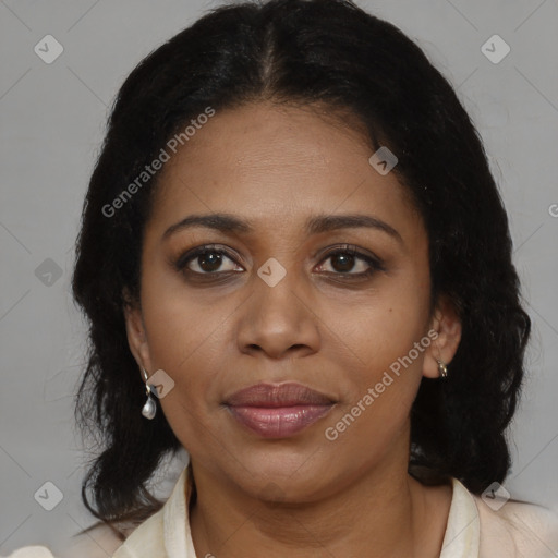 Joyful black young-adult female with medium  brown hair and brown eyes