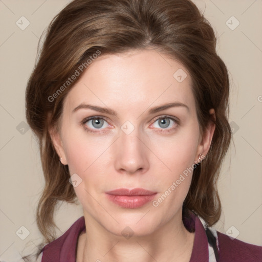 Neutral white young-adult female with medium  brown hair and grey eyes