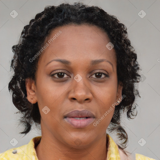 Joyful black adult female with medium  brown hair and brown eyes