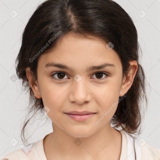 Joyful white child female with medium  brown hair and brown eyes