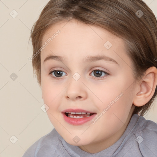 Joyful white child female with medium  brown hair and brown eyes