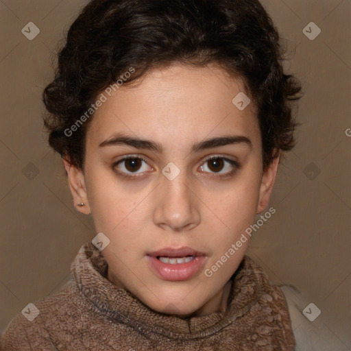 Neutral white young-adult female with short  brown hair and brown eyes
