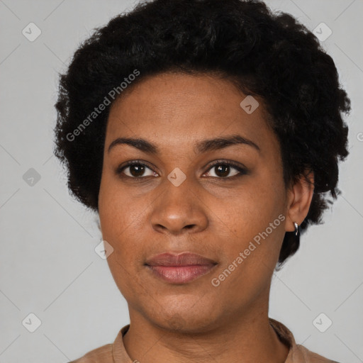 Neutral black young-adult female with short  black hair and brown eyes