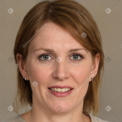 Joyful white young-adult female with medium  brown hair and blue eyes