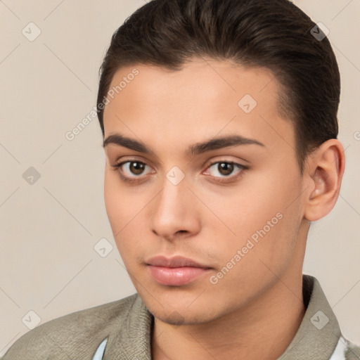 Neutral white young-adult male with short  brown hair and brown eyes