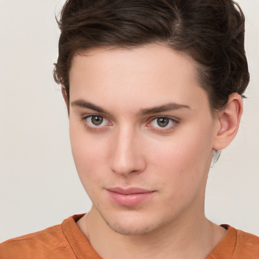 Neutral white young-adult female with short  brown hair and brown eyes