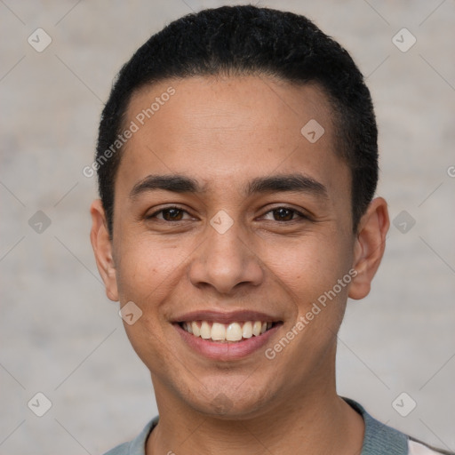 Joyful white young-adult male with short  black hair and brown eyes