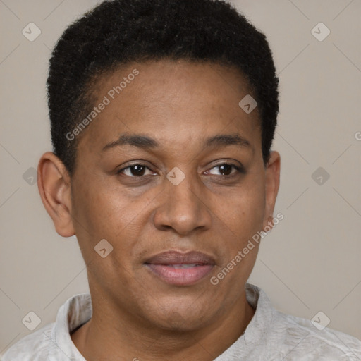 Joyful latino adult female with short  brown hair and brown eyes