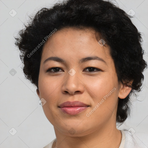 Joyful asian young-adult female with short  black hair and brown eyes