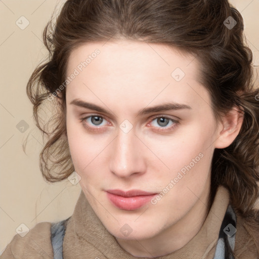 Neutral white young-adult female with medium  brown hair and brown eyes