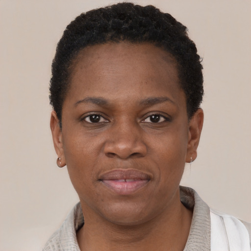 Joyful black young-adult female with short  black hair and brown eyes