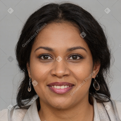 Joyful black young-adult female with medium  brown hair and brown eyes