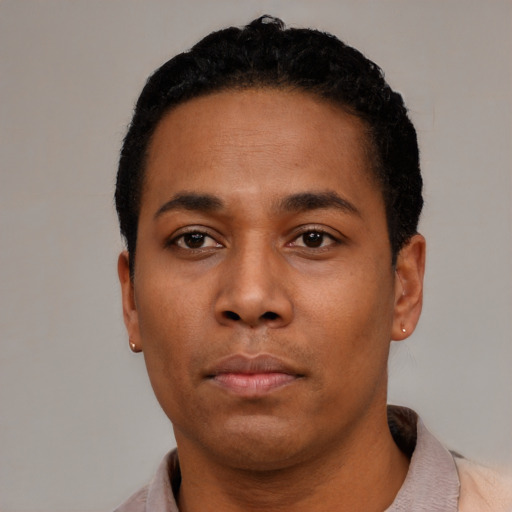 Neutral black young-adult male with short  black hair and brown eyes