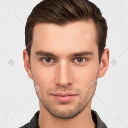 Neutral white young-adult male with short  brown hair and brown eyes