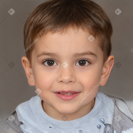 Joyful white child male with short  brown hair and brown eyes