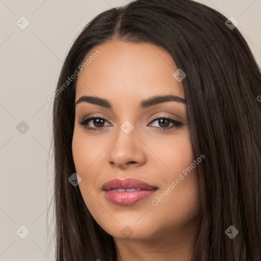 Joyful latino young-adult female with long  black hair and brown eyes