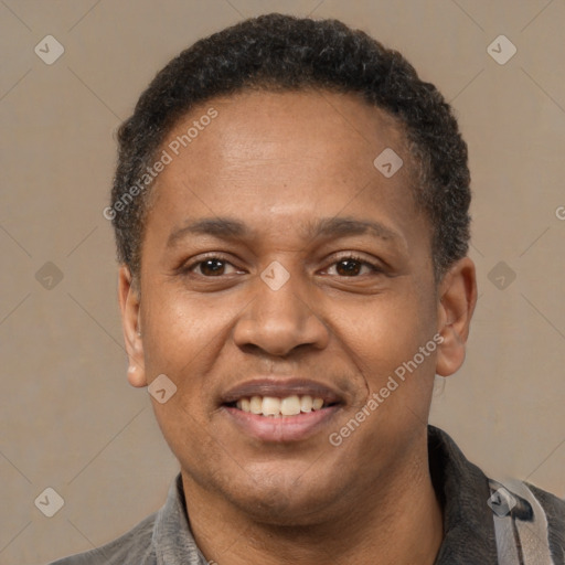 Joyful latino adult male with short  black hair and brown eyes