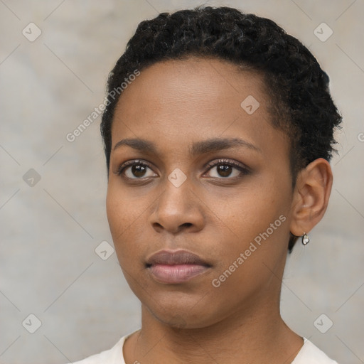 Neutral black young-adult female with short  black hair and brown eyes