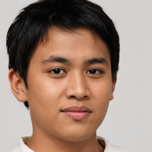 Neutral asian young-adult male with short  brown hair and brown eyes