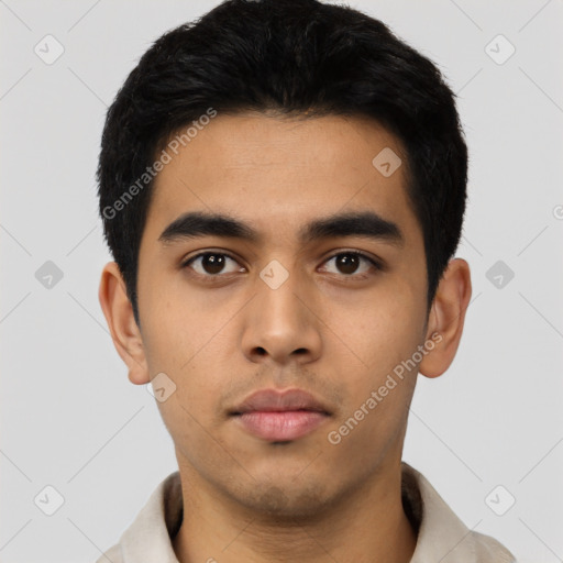 Neutral latino young-adult male with short  black hair and brown eyes