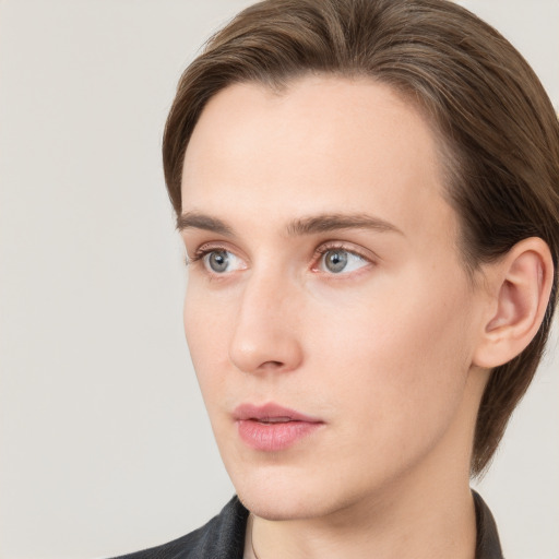 Neutral white young-adult male with medium  brown hair and grey eyes